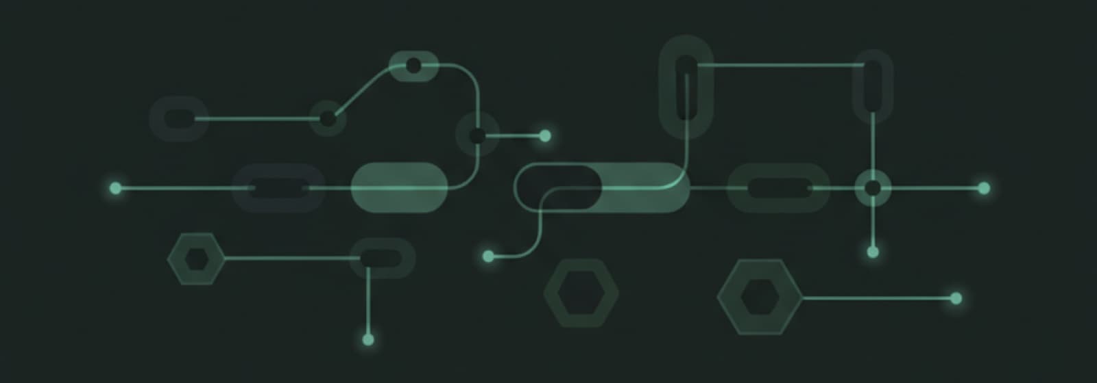 Diagrama abstrato de um ecossistema de software integrado — módulos e nós conectados por linhas de luz verdes.