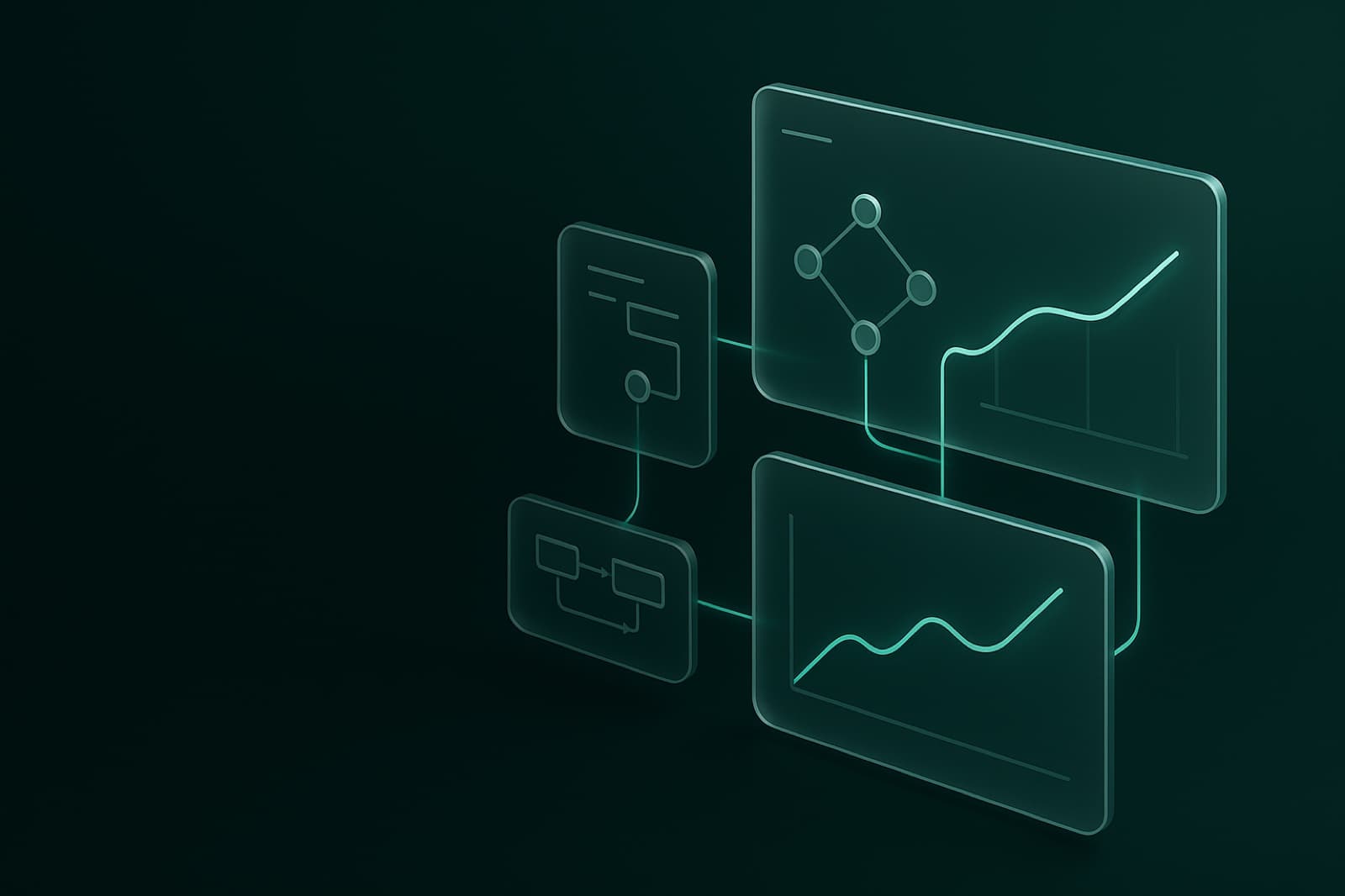 Painéis de dados e dashboards conectados por linhas de luz — a engenharia de crescimento da Baruk Connect: mídia, tracking, IA e sistemas em uma engrenagem só.